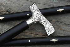 BÂTON DE MARCHE VICTORIEN EN LAITON POIGNÉE DERBY ARGENT TIGE EN BOIS...