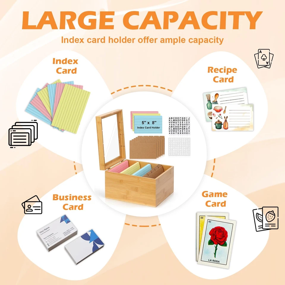 5x8 Index Card Holder with Dividers Bamboo Index Card Storage Box 4 Compartme... - Image 4 of 4