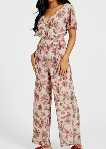 GUESS lässiger Jumpsuit mit Blumenprint Einteiler V-Ausschnitt weite Beine Kurzarm S - Bild 6 von 9