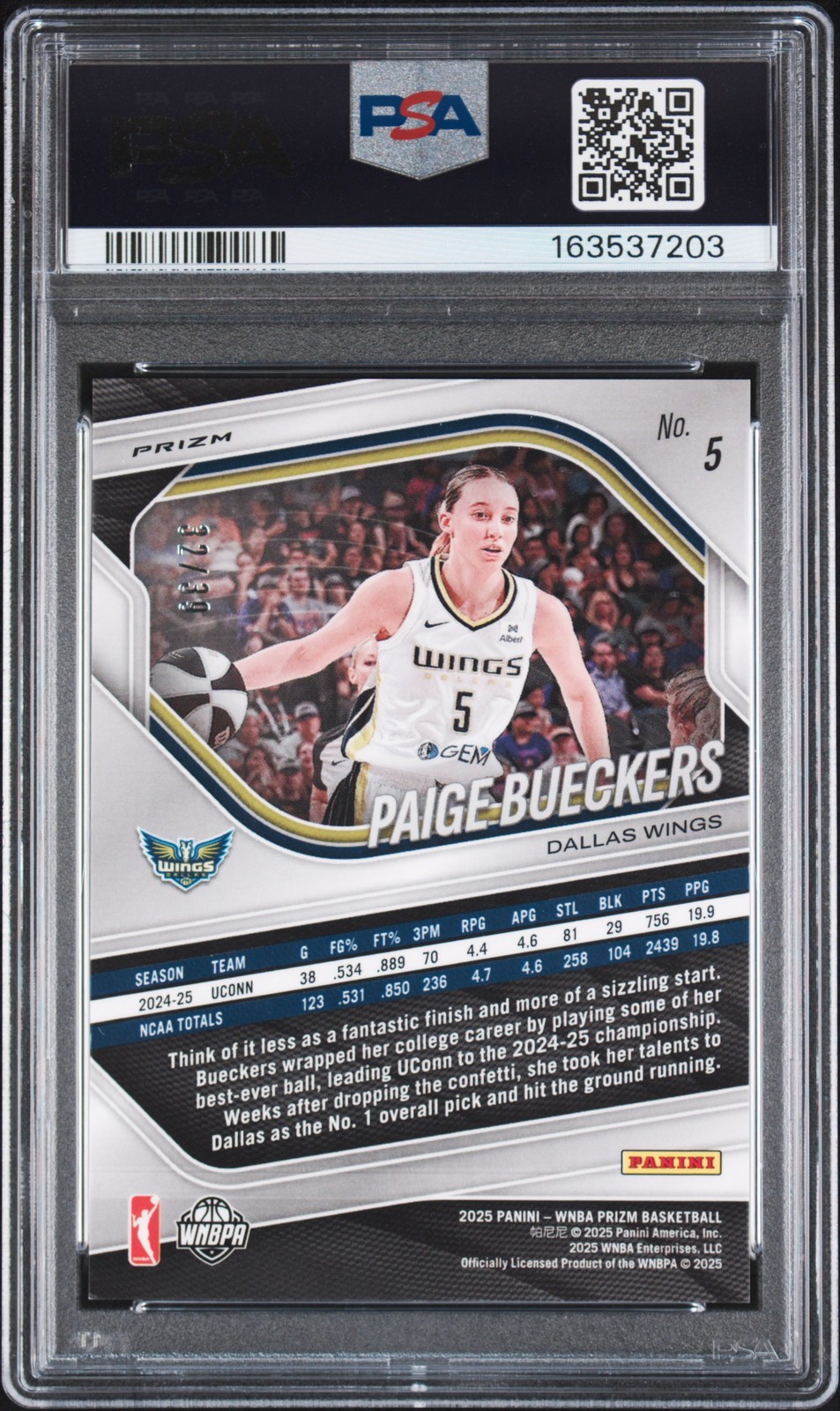 2025 PANINI PRIZM WNBA BLACK VELOCITY #5 PAIGE BUECKERS ROOKIE RC 32/39 PSA 9 view 2