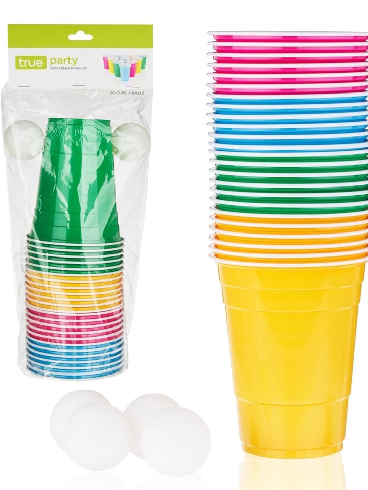 TRUE Neon Beer Pong Kit with 24 Multicolor Cups and 4 Ping Pong Balls