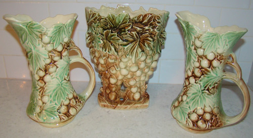 Lot 3 Vintage McCoy Pottery Grapes & Leaves 9” Pitchers Ewers w Handles Vase