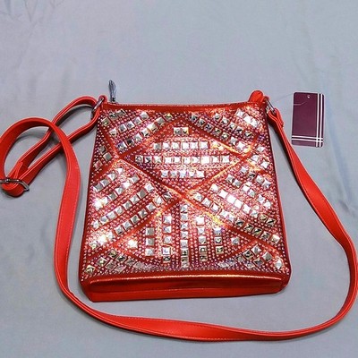 Sparkling Geometric Rhinestone Crossbody Sling Metallic Red