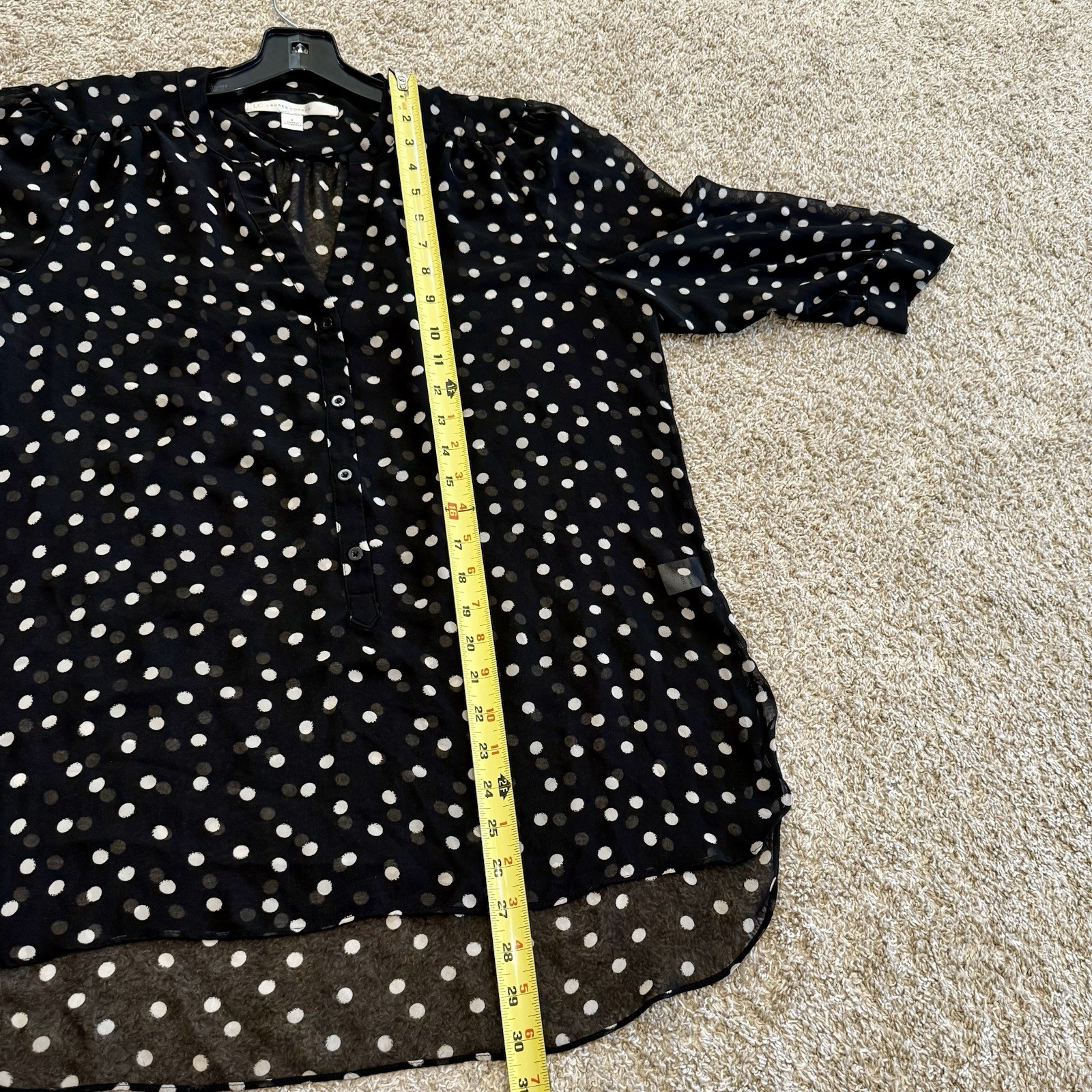 LC Lauren Conrad Women’s Size L  Blouse Top Sheer Black Polka Dots Career