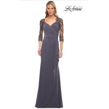 LA FEMME 30384 Ruched Twist Column Gown Size 12 Gunmetal Lace Net Jersey NWOT