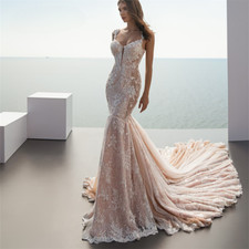Sexy Champagne Lace Mermaid Wedding Dresses Sleeveless Chapel Train Bridal Gowns