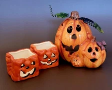 Jack-O-Lantern Family Votive & Two Smiling Tea Light Pumpkin Shaped Bags