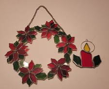 Poinsettia Wreath Stained Glass Red Green with Chain and Red Christmas Candle