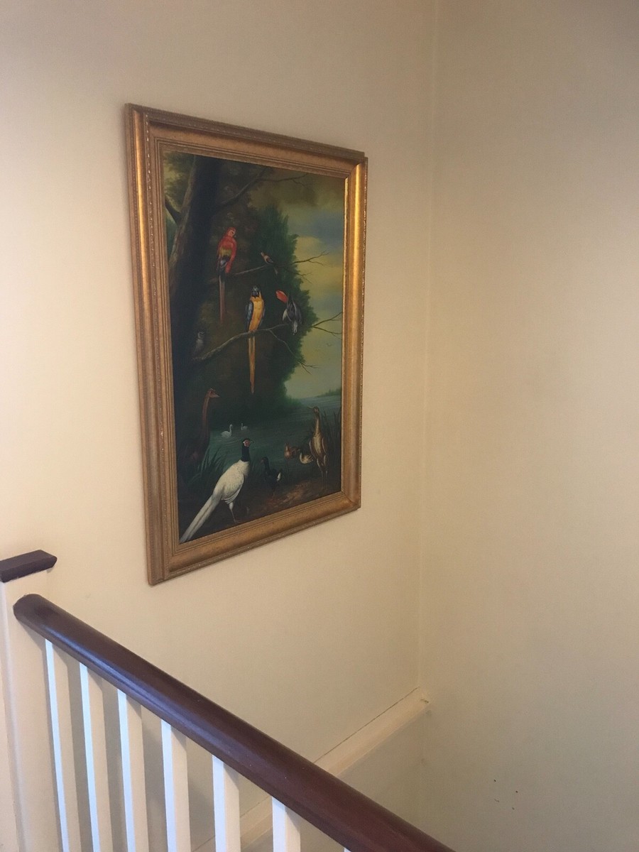 Grande Peinture à L'huile Originale Van Keuron - Oiseaux Exotiques 105x75cm, Encadrée