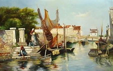 Impressionism Oil Painting on canvas - "Fishermen Village"   size: 36"x 24" 