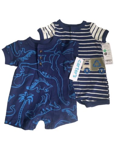 NEW Carter's Boys Baby Set Of 2 Cotton Rompers Dinosaur & Truck Blue Newborn
