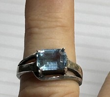Vintage Sterling Silver Emerald Cut Blue Topaz Gemstone Ring Size 6 1/2
