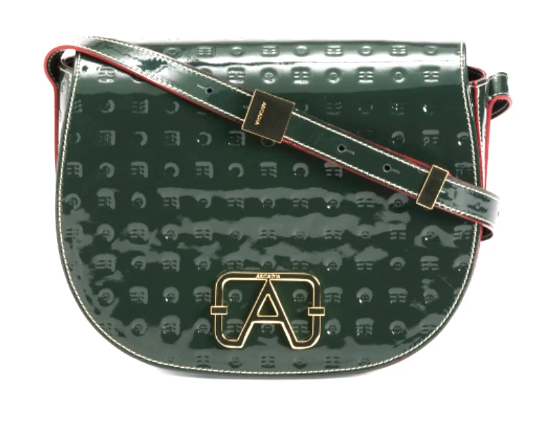 Bandolera Arcadia Italiana Bosque Verde Patente Solapa Repujada Acento Rojo Nueva con Etiquetas