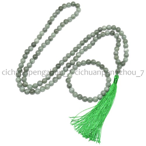 Natural Green Jadeite Jade 108 Prayer Beads Buddhist Mala Necklace Bracelet Set - 第 7/8 張圖片