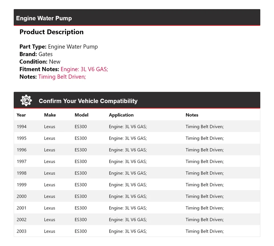 Para Lexus ES300 1994-2003 3L V6 Motor Gas Bomba Agua Puertas 1995 1996 1997 1998 Foto 2 de 4