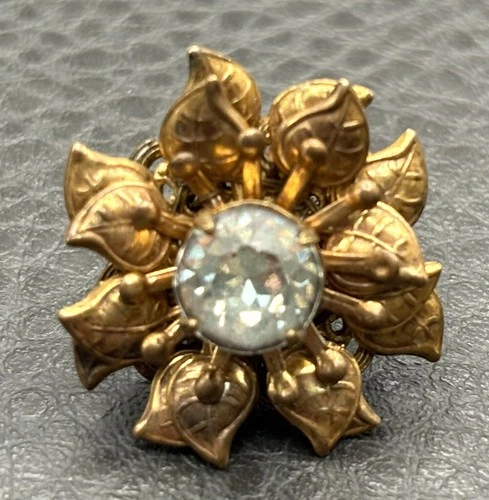 Miriam Haskell *SINGLE* Earring Gold Tone Floral Clear Rhinestone Clip