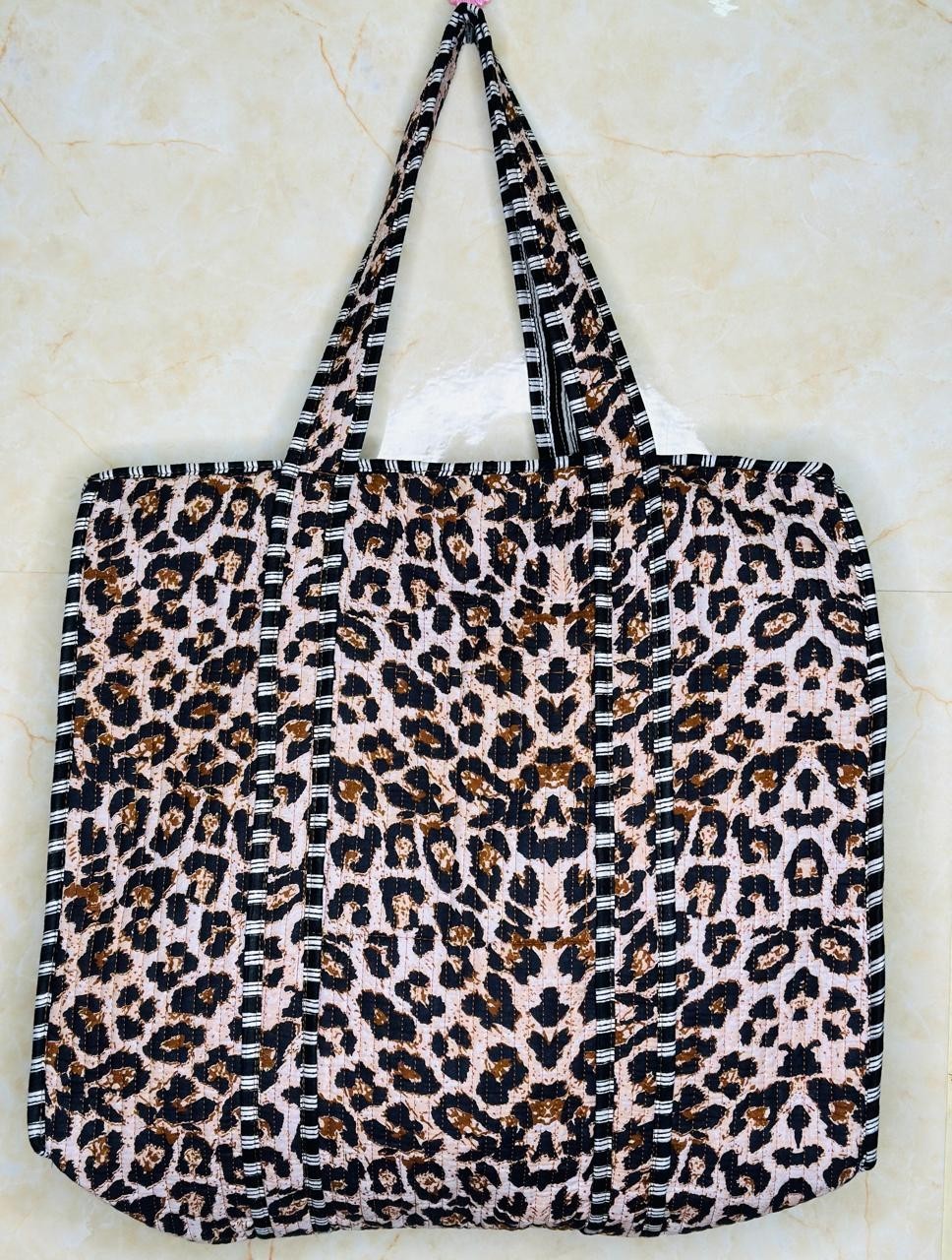 Indian Handmade Quilted Tote Bag Women jaguar Print Cotton Shoulder Shopping Bag