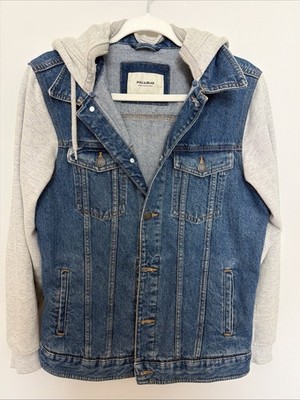 Pull & Bear Blue Denim Jacket with Jersey Sleeves & Matching Hood - Size Small