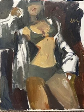 French Cubism Boudoir Interior Oil Painting Original Signed Woman 14x18 Canvas