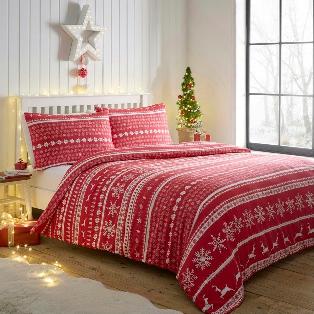 Nordic Stripe Duvet Cover Flannelette Brush Cotton Quilt Bedding Set Double Red