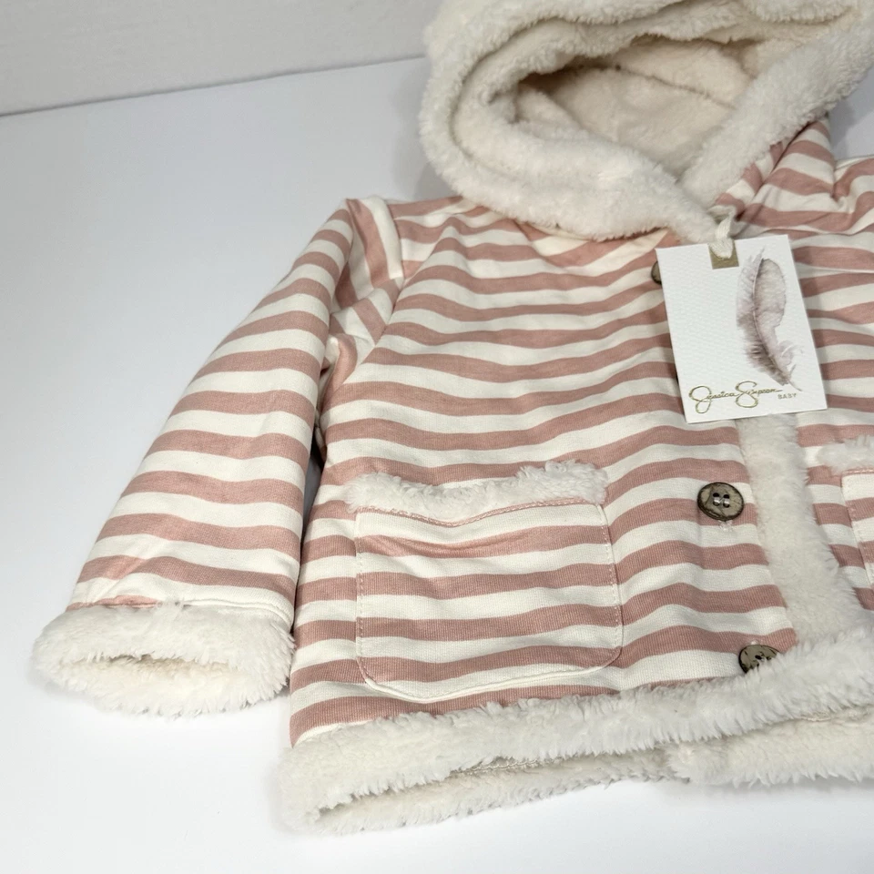 Chaqueta Jessica Simpson Infantil Bebé Talla 6/9 Meses Rosa Crema Rayas Forrada Sherpa Foto 4 de 4