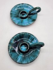 Pair of Vintage Blue Mountain Pottery Taper Chambersticks Blue Green Drip Glaze