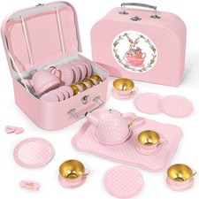 Pink, Tea Set for Girls Birthday Toddler Age 3-8, Kids Kitchen Pretend Play