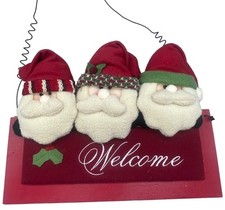 Santa Christmas welcome sign 3 Santas red plush rectangle 13x10" wood READ