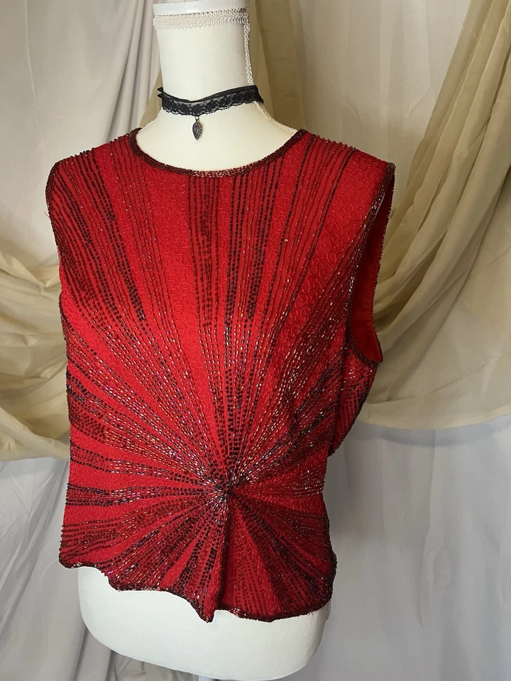 Blusa de Colección Papell Boutique Seda Cuentas Hadas Top Sin Mangas Adornada Talla Grande Foto 4 de 4