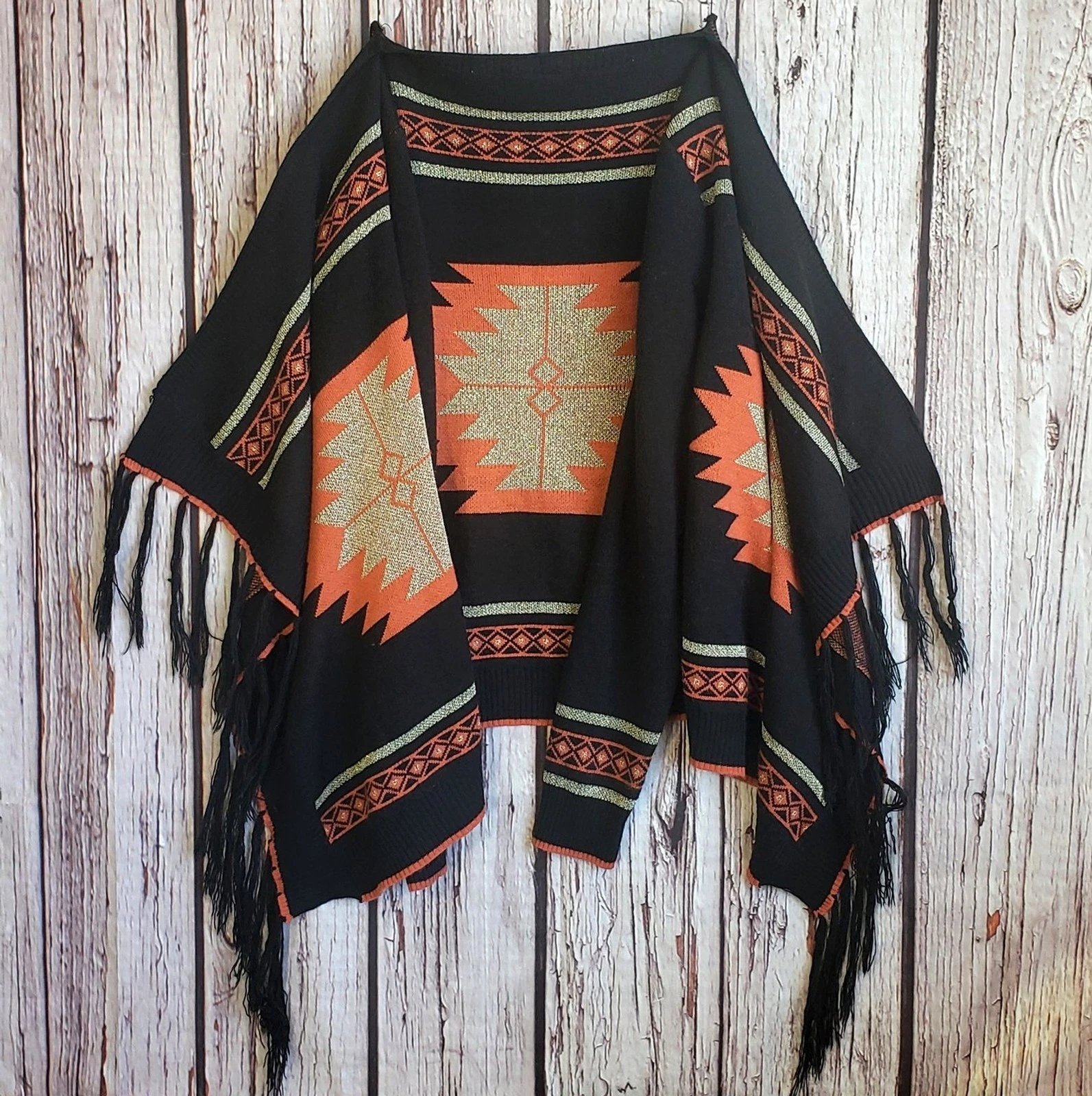 Shyanne Aztec Cherokee Boho Poncho Womens Small Fringe Native Blanket Cardigan