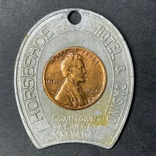 The Horseshoe Hotel Casino Luck Penny Encased Coin 1960-D Lincoln Cent Horseshoe