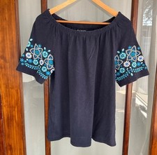 Talbots Women's Petite Large Top Dark Blue Aqua Embroidered Sleeve 100% Cotton