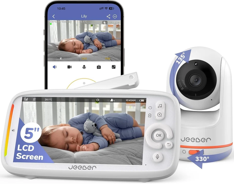 JEEBER 2K Video Baby Monitor Non-WiFi Needed Smart Camera 5"Screen 2Way Audio Lullabies