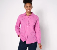 Denim & Co. Women's Top Sz L Valentine's Clip Dot Button Front Pink A635937
