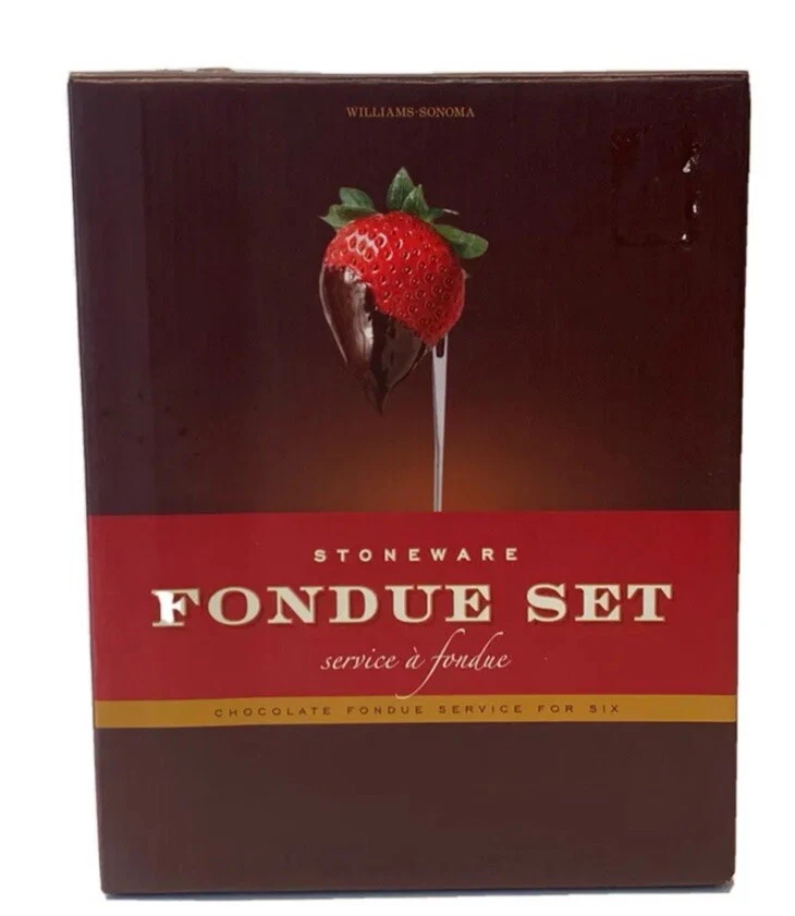 Williams Sonoma Fondue Set Stoneware Red Warmer Base And Six Forks NIB