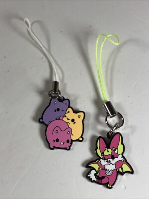Lot of 2 Enamel Charms Tasty Peach Studios Meowchis & Nocturii Dragon Fruit Bat