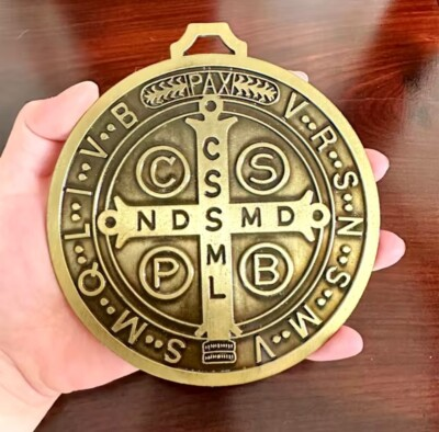 #ad Catholic St Benedict Large 5” Medal 5oz Golden Color Medalla de San Benito $16.79