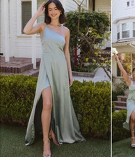 NWT Show Me Your Mumu Shannon One Shoulder Gown Silver Sage Luxe Satin XS $198