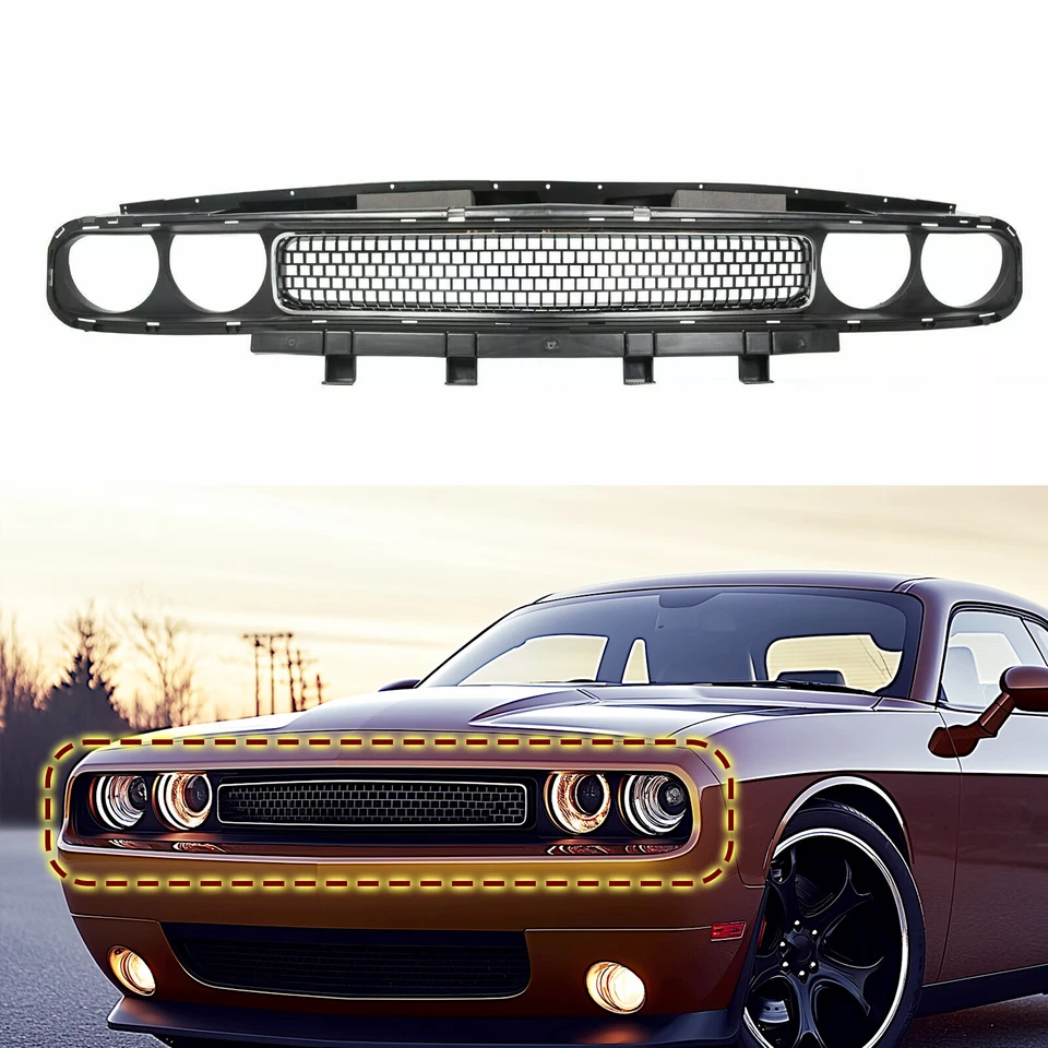 For 2008-2014 Dodge Challenger Front Bumper Grille Black w/ Chrome Trim Molding Foto 2 de 4