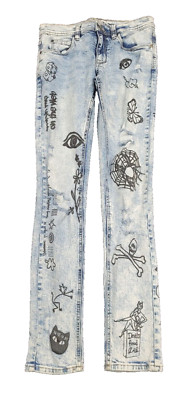Men's Rogue Skinny Jeans (30W) Acid Wash Blue Graffiti Zip Close