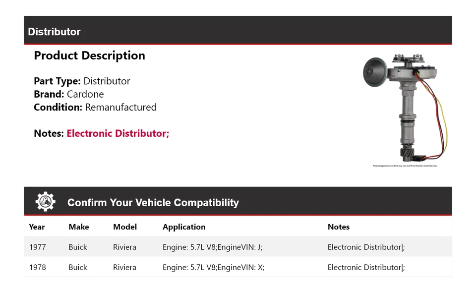 Cardone distribuidor V8 5,7 L para Buick Riviera 1977-1978 Foto 2 de 4