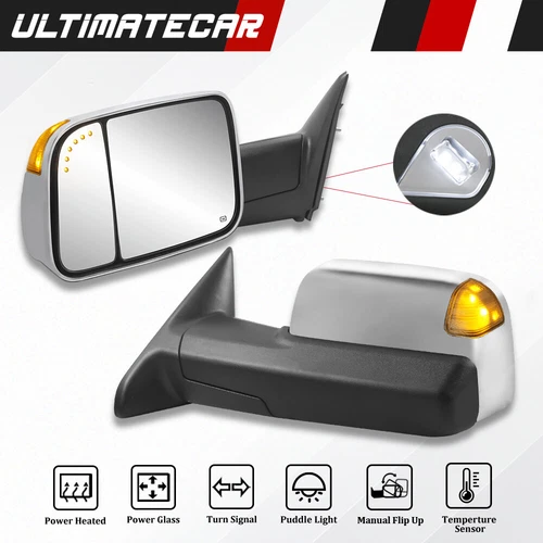 Chrome Power Heated Tow Mirrors w/ Temp Sensor For 2009-2018 Ram 1500 2500 3500