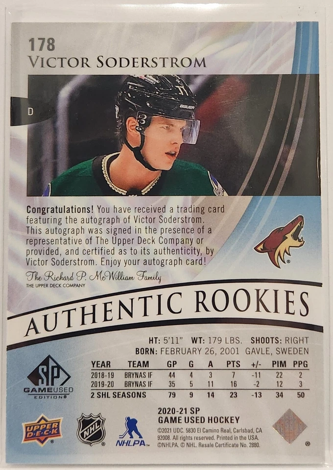 2020-21 Upper Deck SP Game Used #178 Victor Soderstrom Authentic Rookies Auto - Image 2 of 2