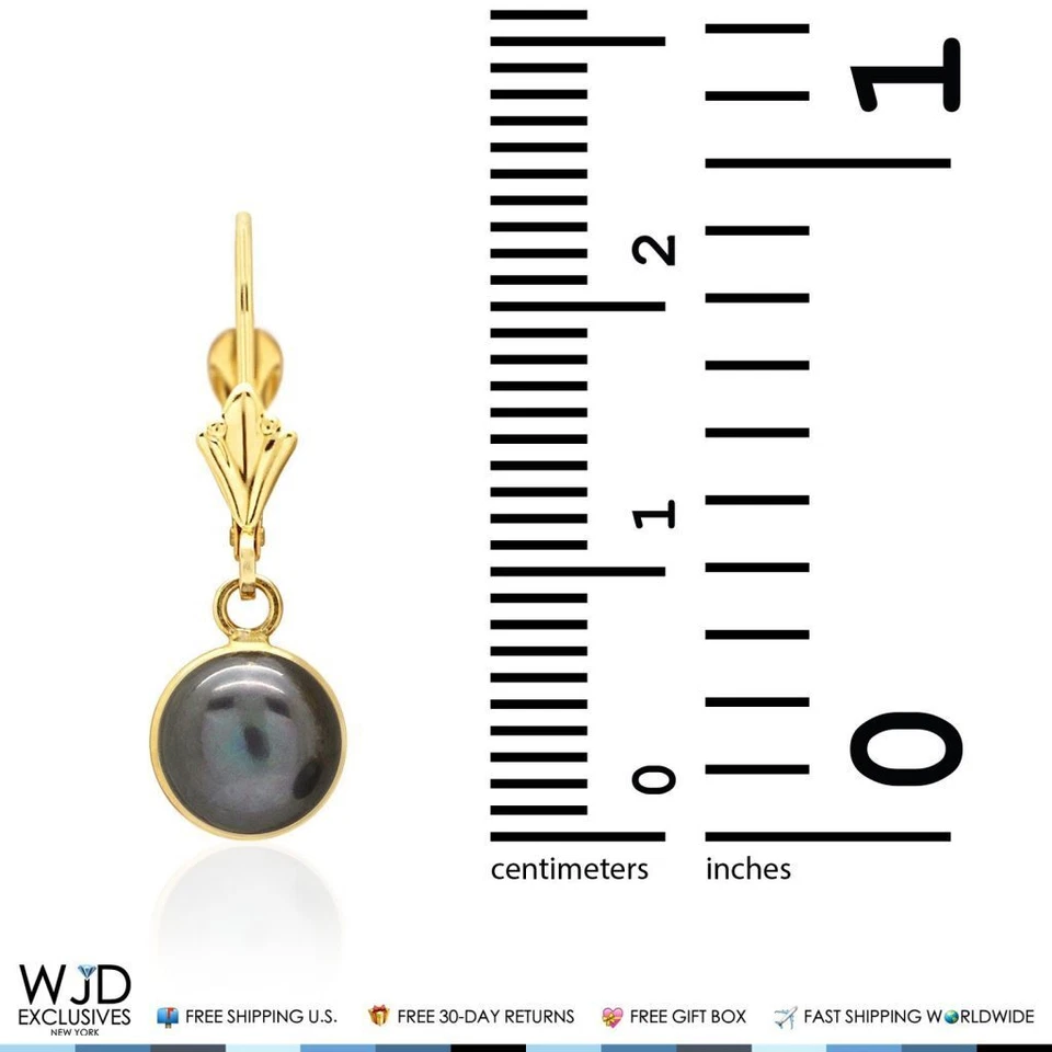 Juego de aretes colgantes de perlas negras con bisel de oro amarillo de 14K 7 mm Foto 3 de 4