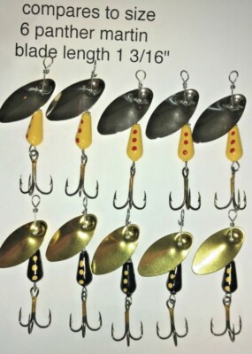 10, size 6, 1/4 oz, FISHGRUB SPINNERS 5 yellow Martin, 5 black panther