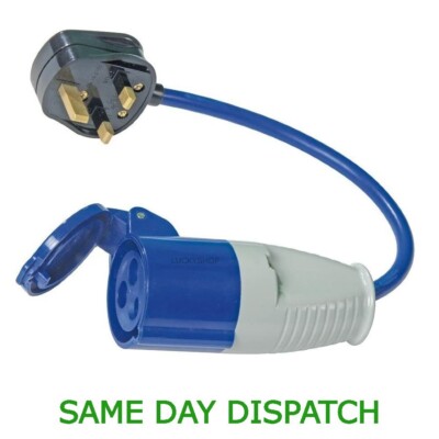 13A Trailing Socket Adaptor Lead to 16A 230V CEE Socket Lead, 2P+E, Blue, 350mm