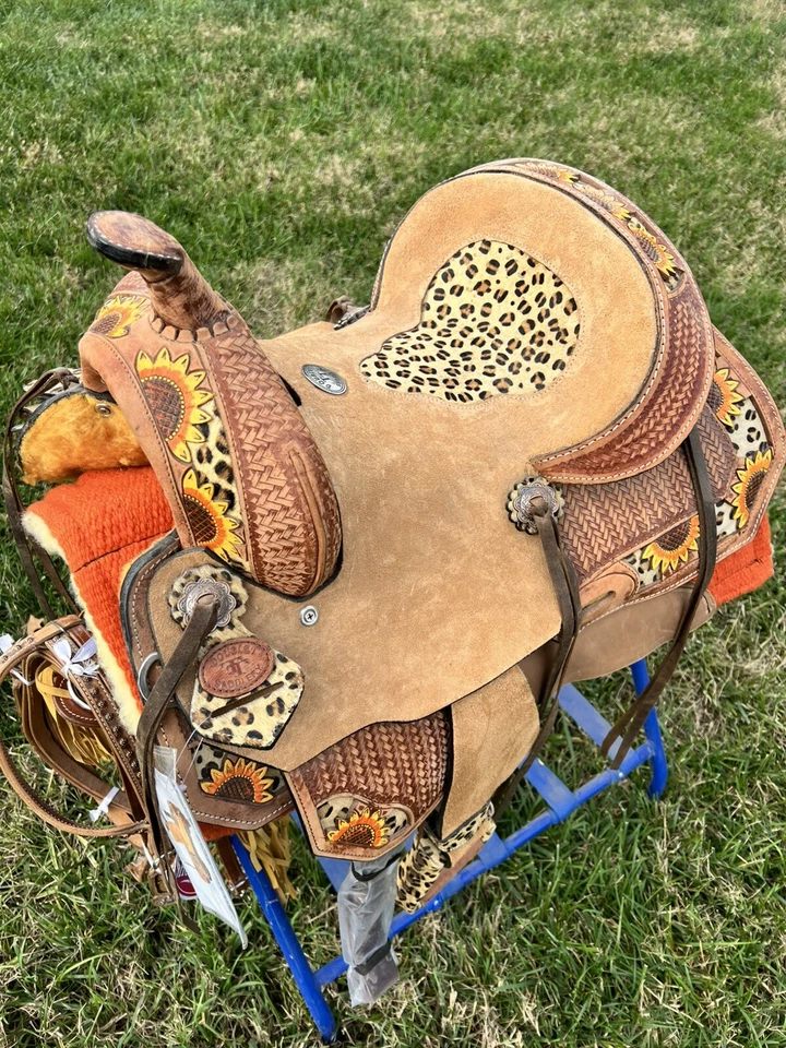 12” Children’s Saddle With Cheetah Print and Sunflowers, Includes EXTRAS - Image 2 of 4