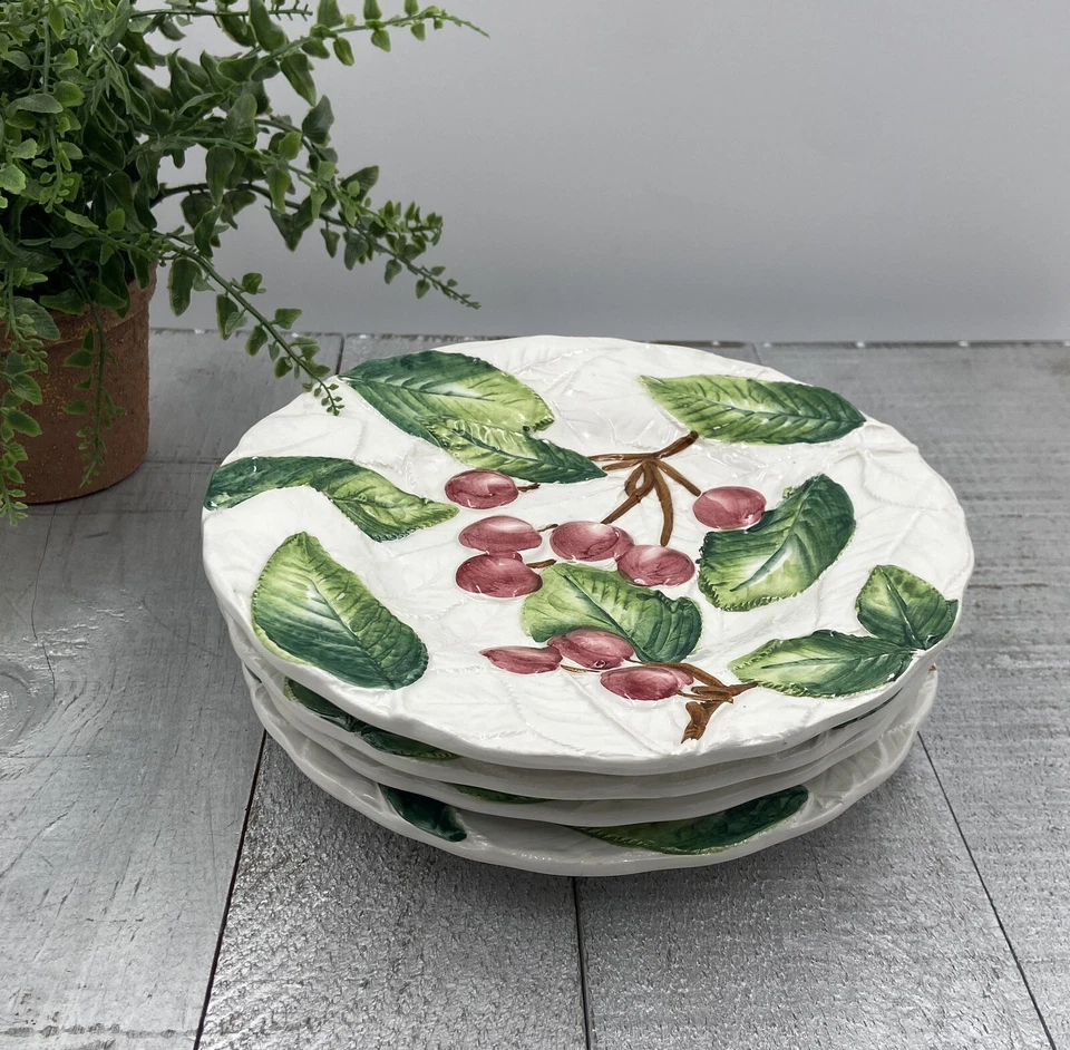 MAYÓLICA ITALIA FRUTAS CEREZAS Ensalada Platos 8.25" Blanco Rojo Verde JUEGO DE 4 - Lote B Foto 2 de 4