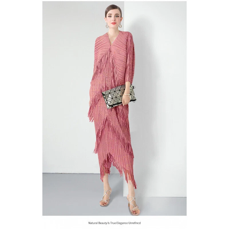 OFF WHITE Abito lungo donna nappa scollo a V manica a pipistrello scollo a V plissettato ampio oversize