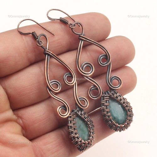 Wedding Gift For Her Copper Emerald Quartz Jewelry Wire Wrap Earrings 2.7"